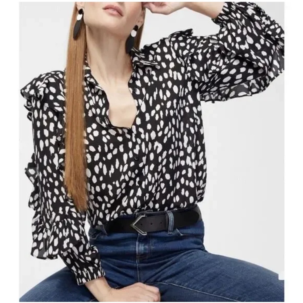 NWT Chico’s Black And White Ruffle Dot Print Top Flounce Sleeve Blouse Size 6